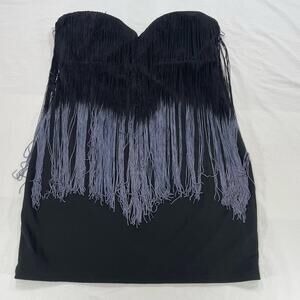 Venus Black Ombre Blue Fringe Strapless Sweetheart Mini Dress XL Women's